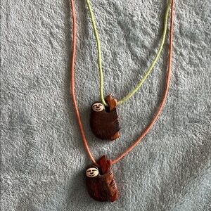 Handcrafted Sloth Pendant Necklace in Brown with Orange and Yellow Cords